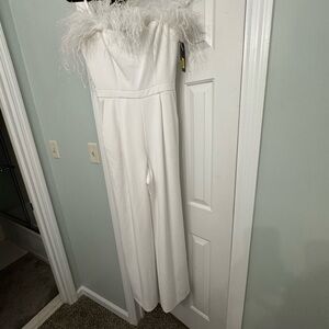 Elegant White Feather-Trimmed Jumpsuit
